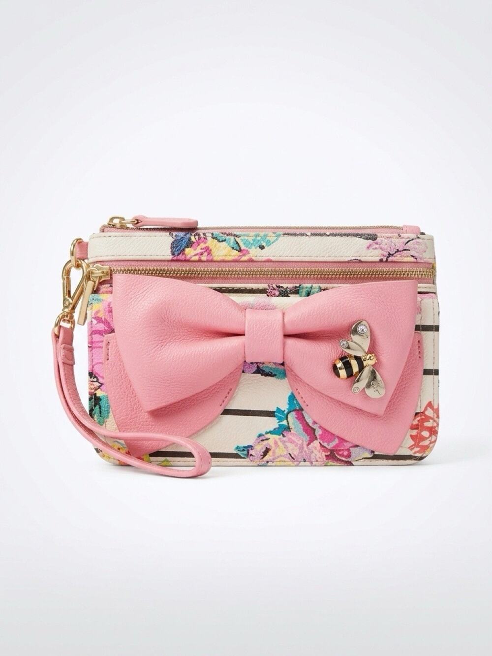 Betsey Johnson Floral Pink Bow Logo Bee Pin Brooch Wristlet Wallet Leather Y2K